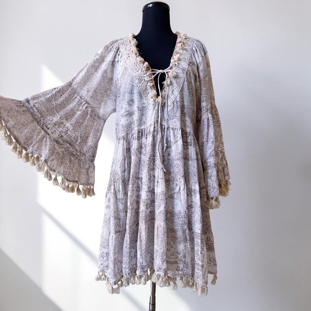 Antica Sartoria Fringe Tassels Cotton Mini Dress OS Angel Sleeve Boho